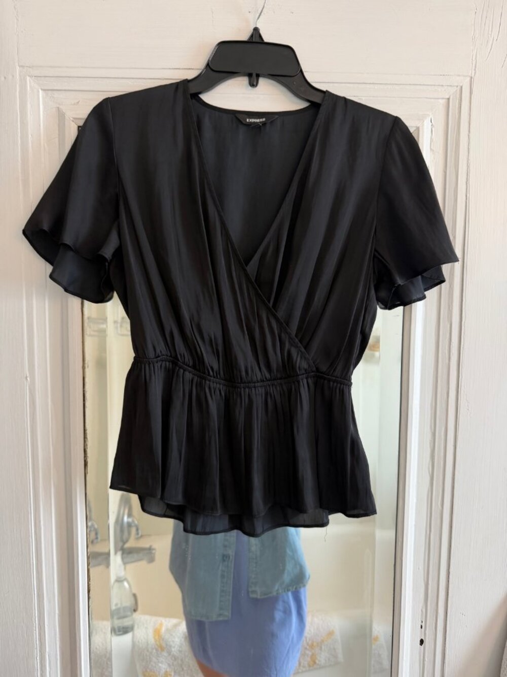 Express Black Faux Wrap Peplum Top S Petite